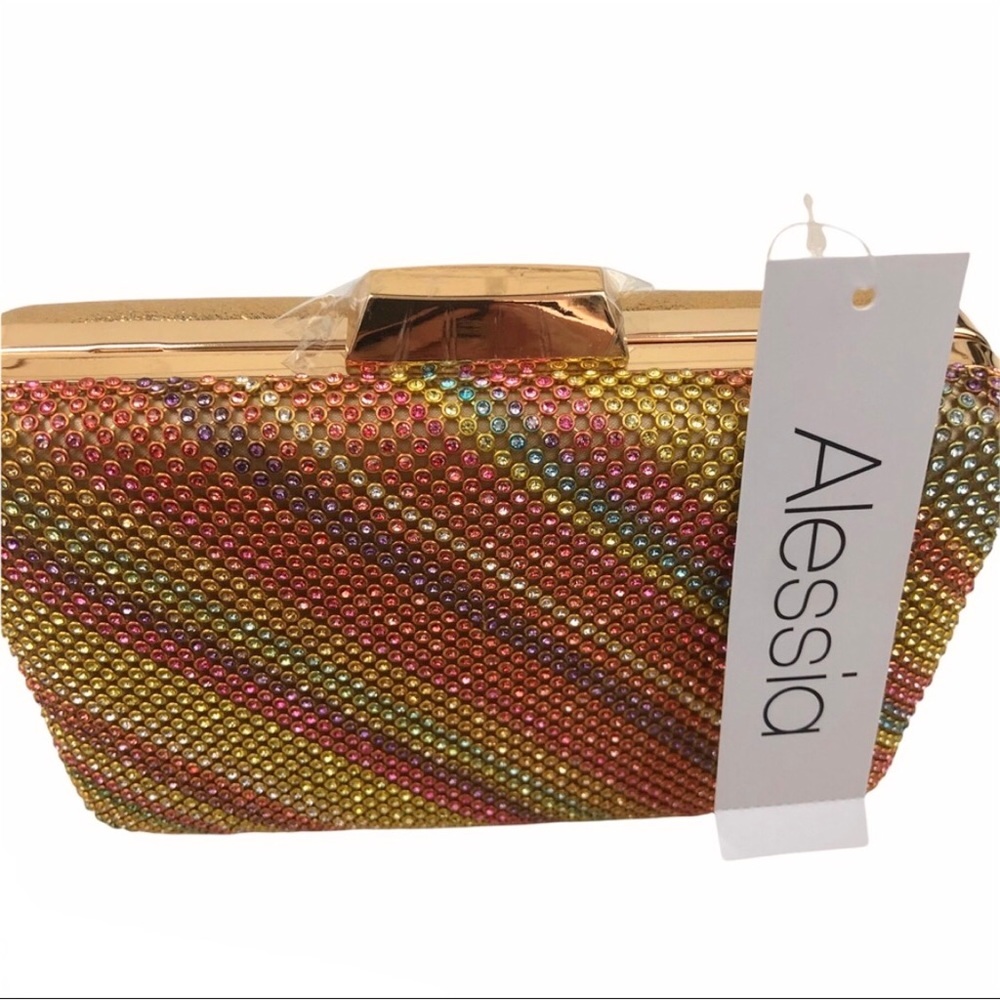 Alessia Gold Evening Rainbow rhinestone rectangle clutch Crossbody bag NEW